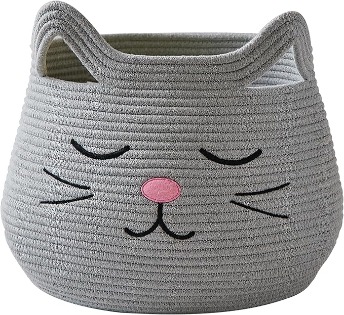 OMERAI Animal Baskets Cotton Rope Storage Basket Woven Toy Basket Large Basket for Blankets Cute Cat Toy Box with Handles Foldable Animal Laundry Basket Nursery Organizer, 15"D x 12.6"H