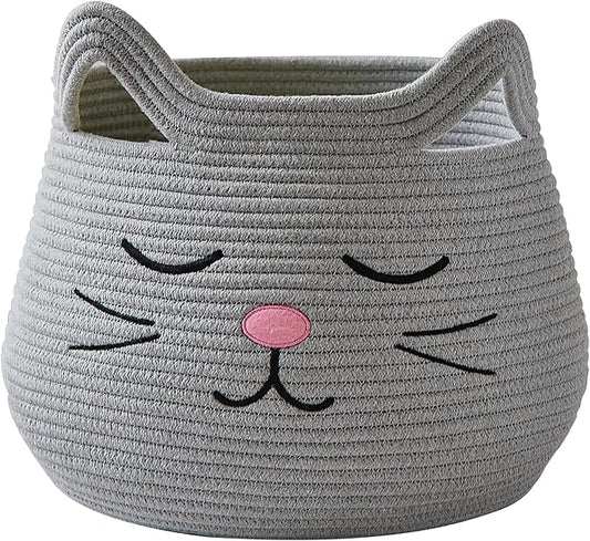 OMERAI Animal Baskets Cotton Rope Storage Basket Woven Toy Basket Large Basket for Blankets Cute Cat Toy Box with Handles Foldable Animal Laundry Basket Nursery Organizer, 15"D x 12.6"H