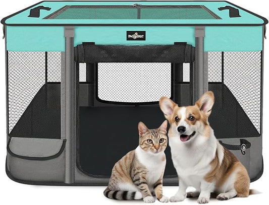 Foldable Pet Kitten Playpen, Waterproof Portable Cat Dog Playpen Kennel Tent for Small Dog Cat, Retractable Shade Cover, Come with Free Carrying Case, Indoor Outdoor Use for Small Animals, BlackTeal
