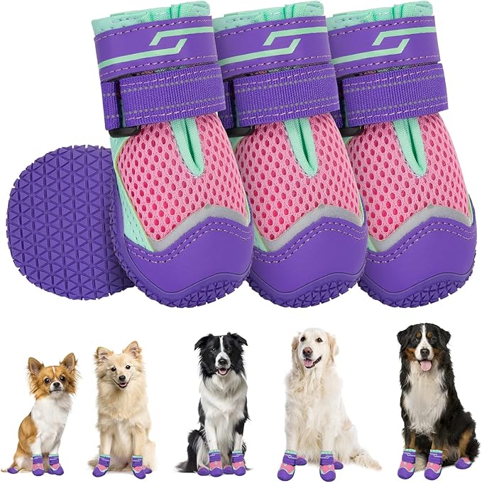 SlowTon Dog Shoes for Large Small Medium Dogs - Breathable Dog Boots for Summer Hot Pavement, Paw Protector for Outdoor Walking Winter Snow, Anti-Slip Rubber Dog Booties for Hard Floor (Purple PI, 3)