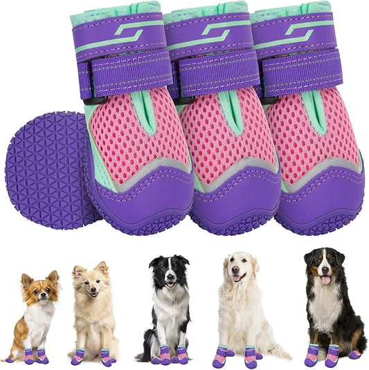 SlowTon Dog Shoes for Large Small Medium Dogs - Breathable Dog Boots for Summer Hot Pavement, Paw Protector for Outdoor Walking Winter Snow, Anti-Slip Rubber Dog Booties for Hardwood Floor (PIPU, 3)