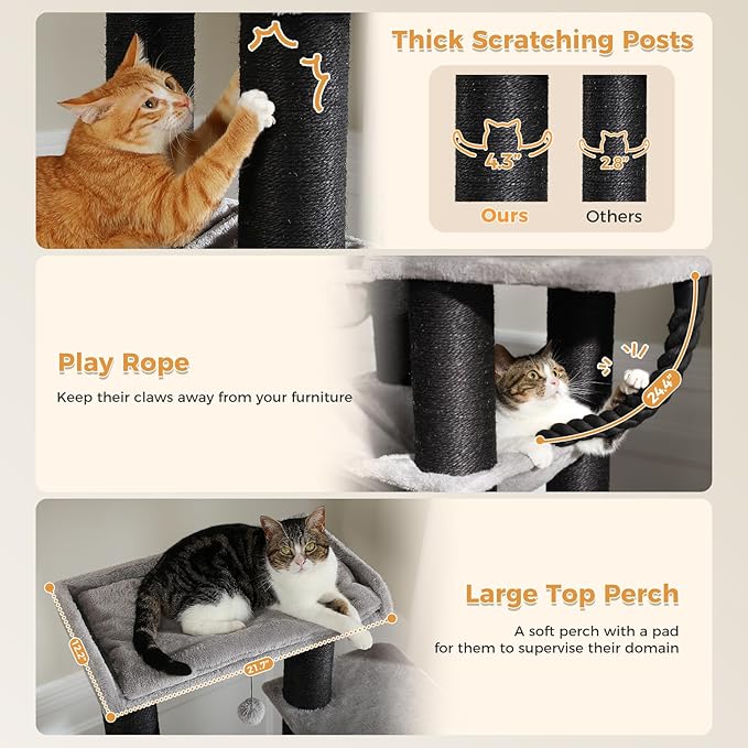 XXL Cat Tree, 67" Heavy Duty Cat Tower for Indoor Cats Large Adult with 13 Thick Scratching Posts (φ4.3), Large Perch, Spacious Condo, Hammock - for Maine Coon up to 20 lbs, Black