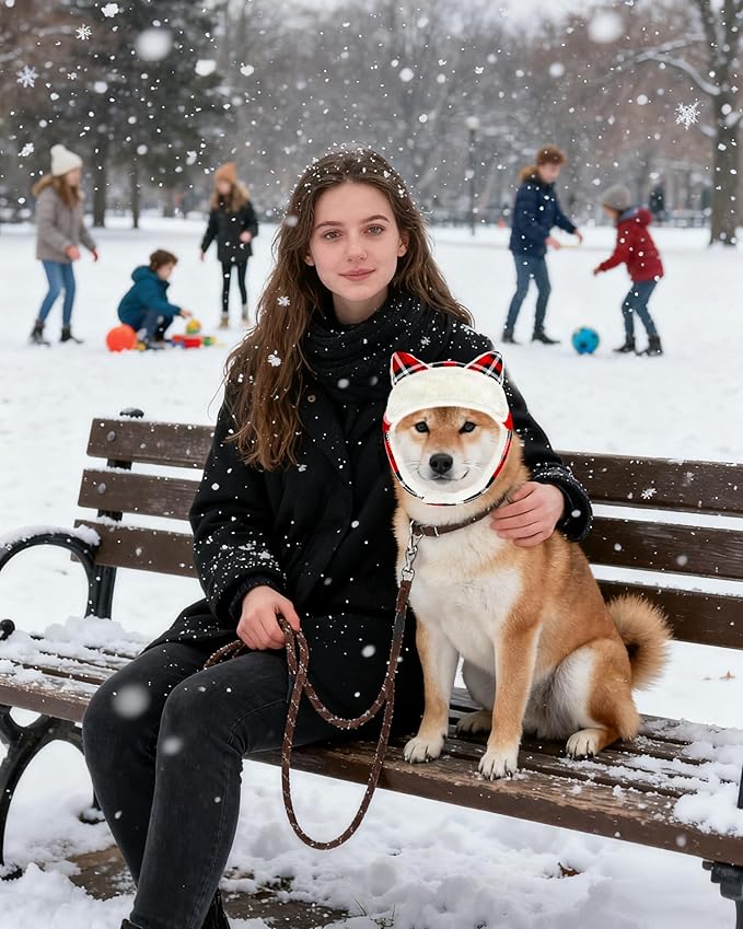 PET SHOW Dog Trapper Hat Winter Hat for Small Medium Dogs Christmas Warm Fleece Aviator Hats with Ear Flaps Adjustable Outdoor Boy Pet Pilot Costume Cap M-Red Plaid/Without Ear Holes