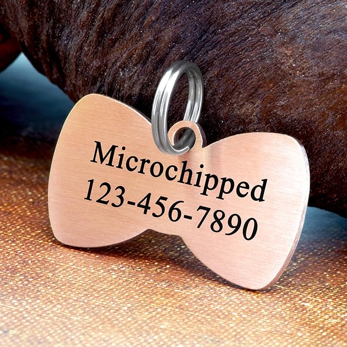 Ultra Joys Cat ID Tag Personalized Pet Tags, Durable Stainless Steel Small Pet Mini Dog Cat Tag Lightweight - Bowtie Tag in Rose Gold