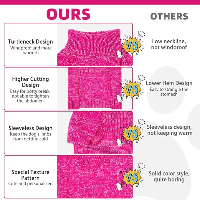 KOOLTAIL Thermal Knitted Dog Sweater for Small Medium Large Dogs, Turtleneck Cable Knit Doggy Winter Coat Warm Clothes Sweatshirt Outfits for Cold Weather,Pullover Pet Jumper for Puppy Cats Rose XL