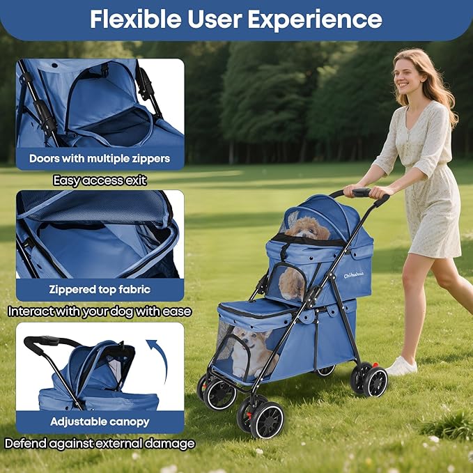 Double Pet Stroller for Dogs and Cats,Cat Strollers for 2 Cats,Double Dog Stroller for 2 Small Medium Dogs,4 Lockable Wheels/Lightweight/Folding,Navy Blue