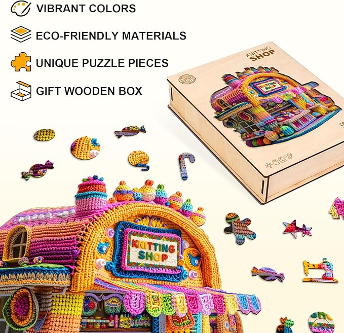KAAYEE Wooden Puzzles for Adults, Knitting Shop Jigsaw Puzzles, 90 Piece Unique Shape Puzzle, Creative Gifts for Adults/Friends/Family, Family Game，Wall Decor(8.5 * 8.3in)