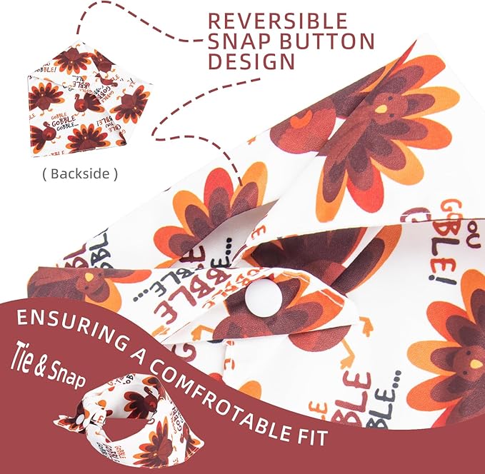 Dog Fall Bandanas Theme - Gobble Till You Wobble - Cute Turkey Printed Thanksgiving Holiday Pet Triangle Scarf with Snap Button, Medium and Large Breed, 30-75lbs