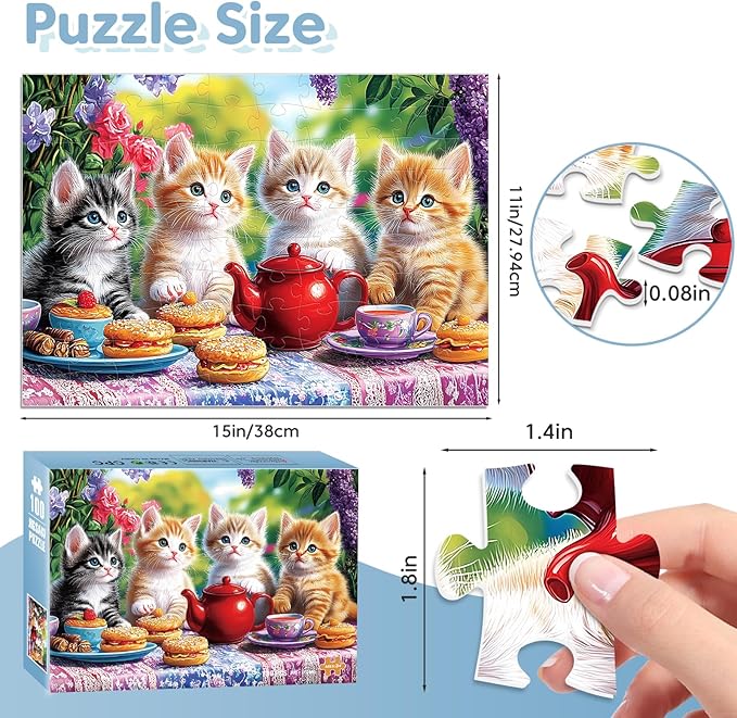 100 Piece Puzzles for Kids Ages 4-6, Kittens' Tea Time Jigsaw Puzzle, Educational Fun for Kids Ages 6-8 & 8-10, Large Piece Puzzles for Seniors & Adults, Creative Puzzle for Family Activities
