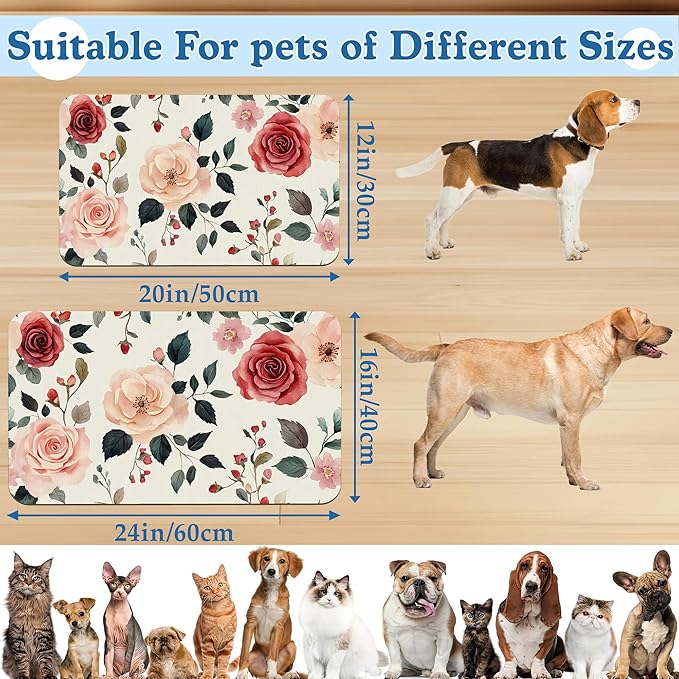 Pink Flower Leaf Pet Feeding Mat–Quick Dry Absorbent Dog Cat Food Mat, Non Slip Waterproof Bowl Placemat for Messy Eaters, Pet Accessories for Floors 12"x20"