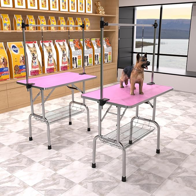 36" Dog Grooming Table Foldable Pet Grooming Tables with Adjustable Arm Noose Storage Mesh Tray Maximum Capacity Up to 330lbs Pink