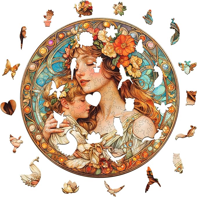 Jigfoxy Wooden Puzzle for Adults, Mom Mary Jigsaw Puzzles for Adult, Unique Animal Shape Wood Cut Puzzles, Christmas Thanksgiving Gifts for Friends Family (L-13.4 * 13.4in-300pcs)