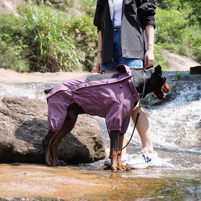 LOVELONGLONG Waterproof Dog Raincoat with Removable Hood – Outdoor Full Body Dog Jacket, Windproof Snowproof Shell Suit – All Season Pet Rain Gear Plum Purple M