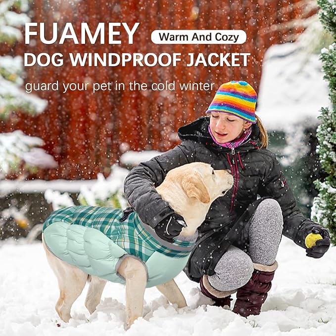 FUAMEY Dog Coat for Small Dogs,Waterproof Dog Winter Jacket with Harness Built in Puppy Cold Weather Coats Reflective Pet Vest with Zipper Warm Fleece Dogs Snowsuit Windproof Green Plaid S