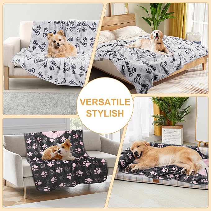1 Pack 3 Dog Blankets for Large & Medium Dog Blanket Super Soft Fluffy Premium Fleece Pet Blanket Flannel Throw for Dog Puppy Cat Paw Prints, Grey Pink, 41x31inch
