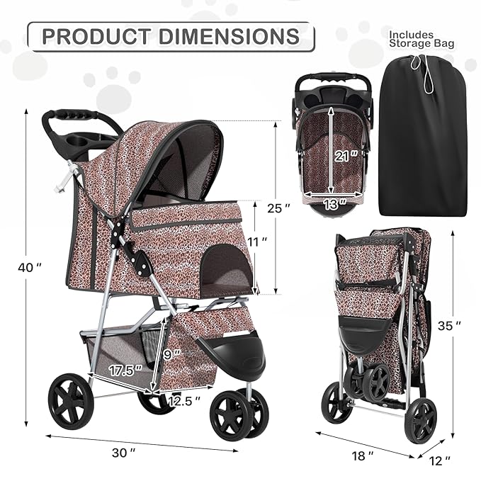 MoNiBloom 3 Wheels Pet Dog Cat Stroller for Small Medium Dogs Cats, Lightweight Foldable Jogger Stroller w/Storage Basket & Cup Holder, Leopard Print