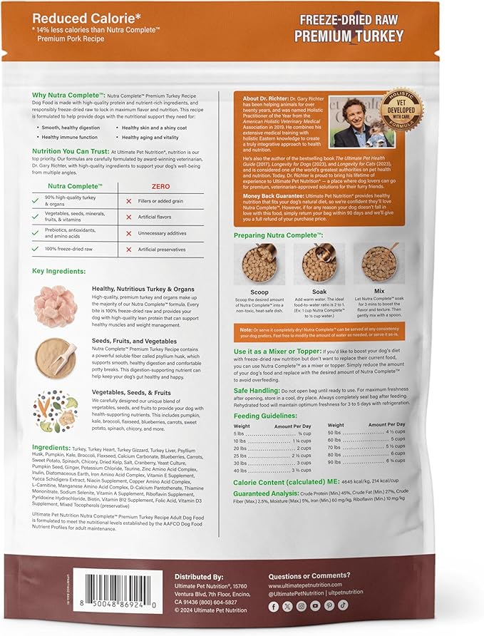 ULTIMATE PET NUTRITION Nutra Complete Reduced Calorie, 100% Freeze Dried Raw Veterinarian-Formulated Premium Adult Dog Food (1 Pound, Turkey)