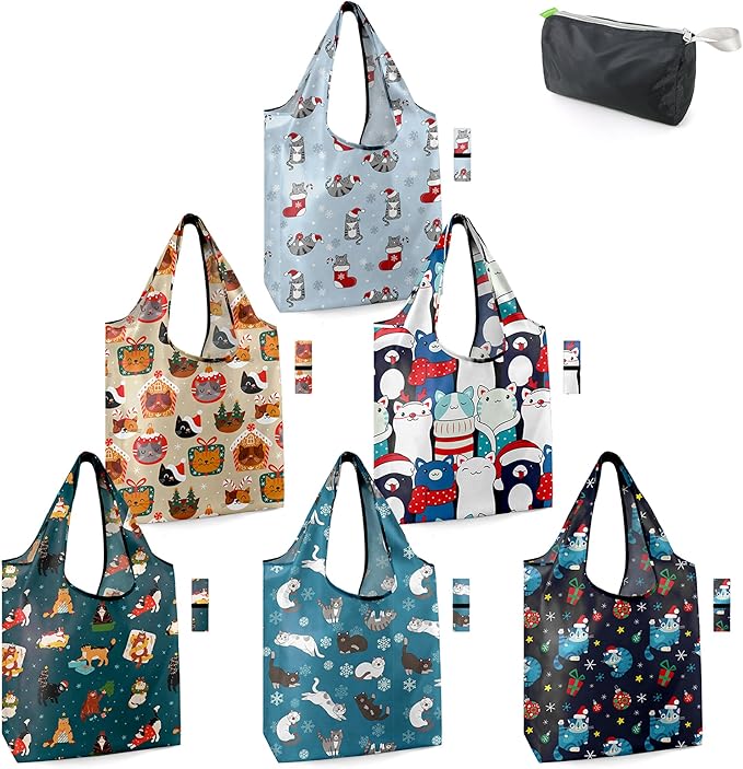 BeeGreen Christmas Cats Reusable Grocery Bags 6 Pack Cats Reusable Shopping Bags Bulk with Elastic Band Foldable-Machine Washable Christmas Gifts Tote Bags Animals Pattern