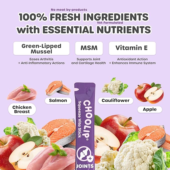 Choolip Squeeze Vita Stick Lickable Cat Treats & Dog Puree – 49-Count Joint Support Tubes, Creamy Grain-Free High-Protein Puree with MSM, Glucosamine & Green Lipped Mussel for Joint & Mobility Health