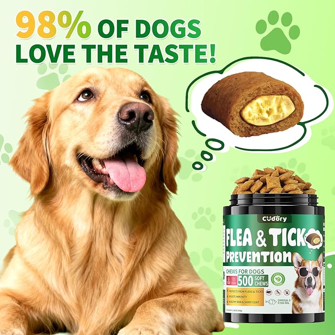 Flea and Tick Prevention for Dogs Chews- 500 Crunchy & Creamy Chews, Dogs Flea Chewables with Skin & Coat Support - Oral Supplement for All Breeds & Ages - Chicken & Cheese Flavor