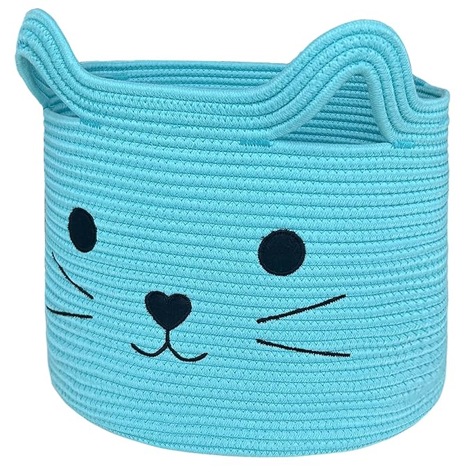 VK VK·LIVING Large Cat Toy Basket with Handles 15"Lx14"H Cotton Rope Toy Box with Cat Design, Cute Animal Basket for Laundry, Baby, Towels, Blankets, Woven Cotton Rope Storage Organizer Blue