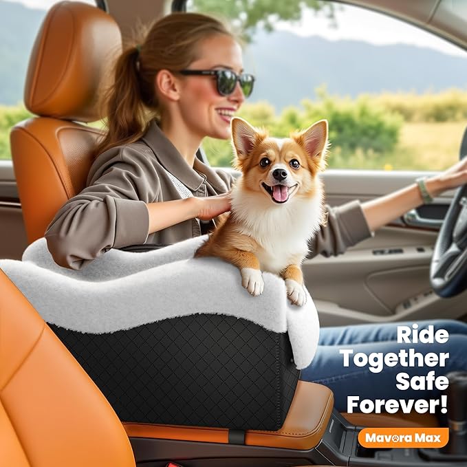 Portable Small Dog Seat for Car, Luxury Center Console Dog Car Seat Booster with Safety Tethers, Anti-Collapse Pet Travel Carseat for SUV, Truck (Black/White)