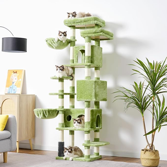 Hey-brother Cat Tree, 74 inches Multi-Level XL Large Cat Tower for Indoor Cats with Three Cat Condos, Two Large Top Decks and Cat Hairbrushfor Kittens, Cats and Pets, Green MPJ035-MGR
