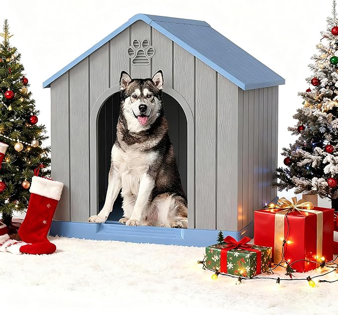 Large Dog House Outdoor Indoor, Durable Plastic Waterproof Doghouse with Air Vents and Elevated Floor, Easy Clean and Assemble for Medium Large Dogs (Classic Blue, 36.2''L×38''W×38''H)