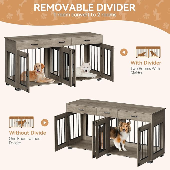 71'' Dog Crate Furniture, XXL Indoor Dog Kennel TV Stand End Table with Double Doors, 3 Drawers and Removable Room Divider, Wooden Double Dog Crate for 2 Dogs for Large Medium Dogs, Grey