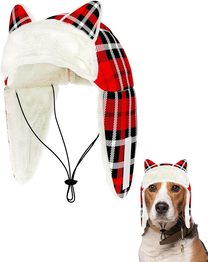 PET SHOW Dog Trapper Hat Winter Hat for Small Medium Dogs Christmas Warm Fleece Aviator Hats with Ear Flaps Adjustable Outdoor Boy Pet Pilot Costume Cap M-Red Plaid/Without Ear Holes