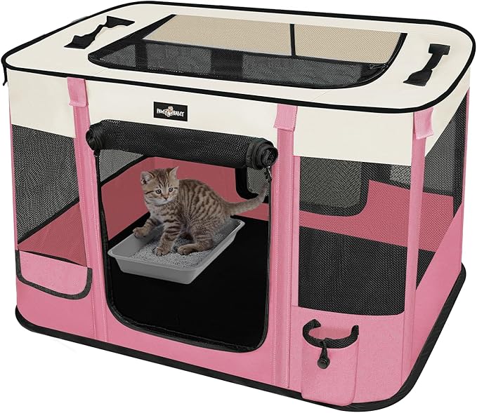 Foldable Pet Kitten Playpen, Upgrade Waterproof Portable Cat Dog Playpen Kennel Tent for Dog Cat, Retractable Shade Cover with Free Carrying Case, Indoor Outdoor Use for Small Pet, Pink