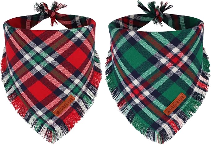 ADOGGYGO Christmas Dog Bandanas with Tassels, Festive Red Green Plaid Xmas Scarf Bib, Soft Cotton Fabric, Pet Christmas Bandanas for Extra Large Dogs (X-Large)