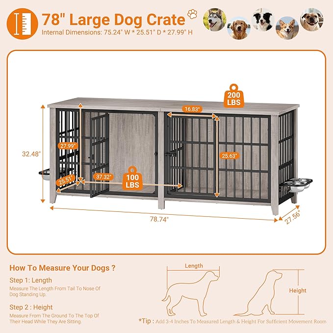 Lulive 78" Dog Crate Furniture for 1 Large or 2 Small/Medium, Extra Large Dog Kennel Indoor with Removable Divider & Adjustable Height Dog Bowls, Heavy Duty Wooden Double Dog Cage as TV Stand, Grey
