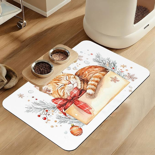 Cat Dog Cat Food Mat–Absorbent Waterproof Placemat for Food and Water Bowls, Non Slip Rubber Backing, Feeding Mat for Clean Floors 16"x24"