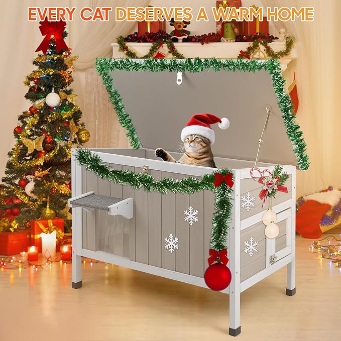 PetsCosset Insulated Cat House Outdoor Weatherproof Feral Cat Shelter for Winter, All-Round Foam Insulation Wooden Pet House for Small Animals with Escape Door,Openable Roof(34.5"L x 21.7"W x 25.6"H)