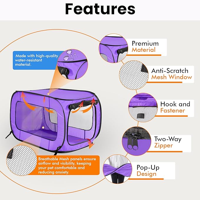 Beatrice Home Fashions Portable, Collapsible, Pop Up Kennel Travel Cat and Dog Crate, 40" L x 27" W x 27" H, Purple