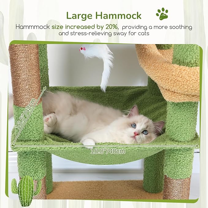 Globlazer Extra Large Platform Cactus Cat Tree, 65in Sturdy Cat Tree for Multiple Indoor Cats Large Adult, Big Cat Tower with 3 Padded Perches, 6 Scratching Posts, Spacious Condo, Hammock, S65, Green
