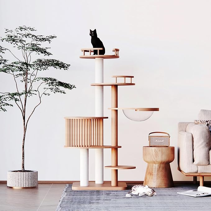 Downpat Cat Tree 61.1" Solid Wood Multi-Level Cat Tower with Condo,Cat Scratching Post,Jumping Space,Furniture Suitable for Cats (with Cat Scratching Mat Pad Anti-Slip Mat)