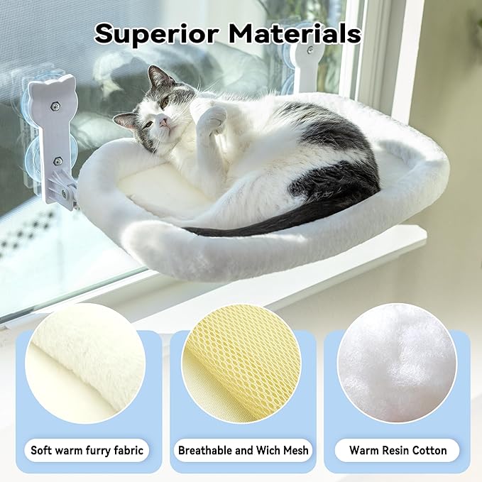 Cat Window Perch, Cat Window Hammock Soft and Comfortable Window Seat Bed with Washable Cover,Simple Install and Easy Clean Upgraded Suction Cups Hold up to 40lbs,Suitable for Window Width Over 24in