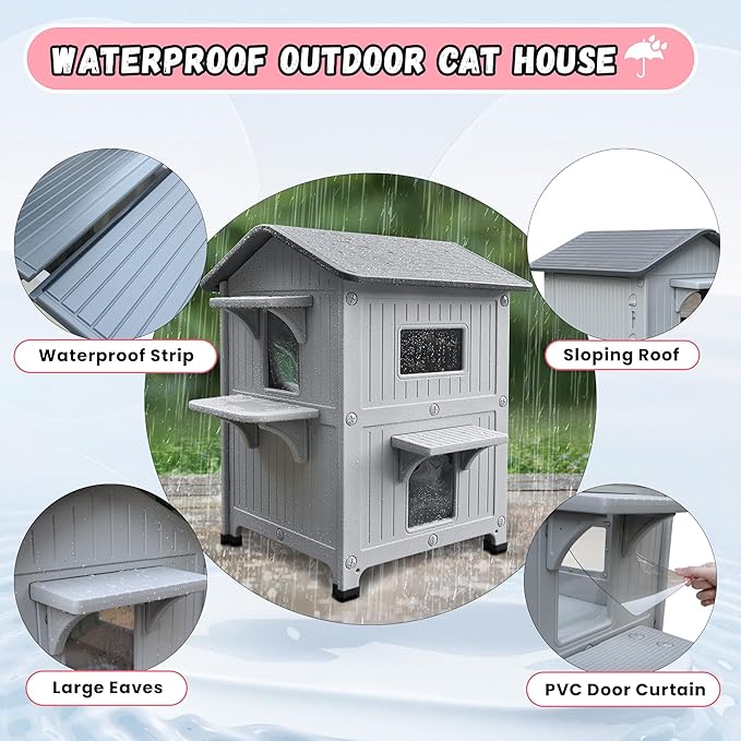 Plastic 2 Story Outdoor Cat House with Soft Mat,Insulated Cat House for Outdoor Cats with Escape Door, Waterproof Outside Cat Shelter, Clean and Assemble Easily
