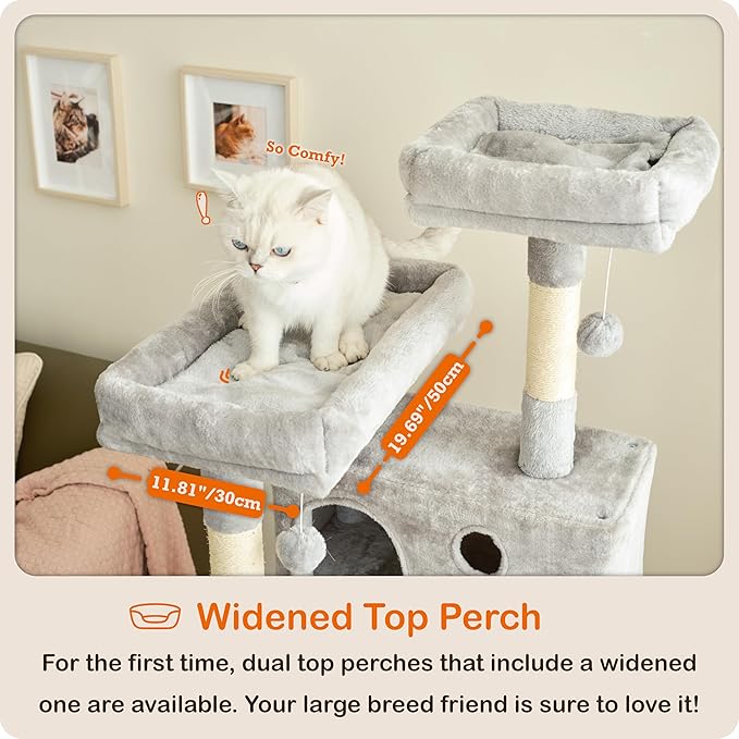 Ouritsu Cat Tree, 57 inch Cat Tower for Large Cat Indoor, 2 Top Perches with 1 Widened, 2 Condos with 1 Enlarged, Steel Frame Hammock, Scratching Posts and Scratching Pad, Light Gray, LF003GA
