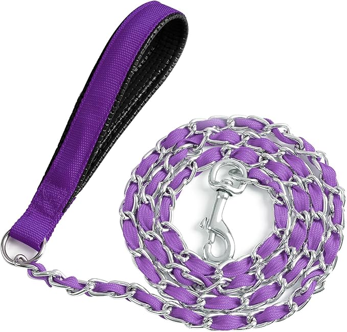 Heavy Duty Metal Dog Chain Leash with Comfortable PU Leather Padded Handle, Chew Proof, 4ft 3.5mm Purple