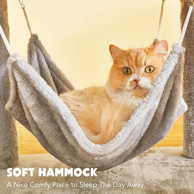 Cat Tree for Indoor Cats - 63in Multi-Level Large Cat Tower with 2 Big Cat Condos, 2 Padded Perches, Hammock, 6 Sisal-Covered Scratching Post and Toys for Kittens Pet Play House, Light Grey