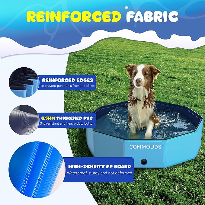 COMMOUDS Foldable Dog Pool, Collapsible Hard Plastic Dog Kiddie Swimming Pool, Portable Pet Bath Tub Wading Pools for Kids and Puppy Small Medium Large Dogs(63inch.D x 12inch.H)
