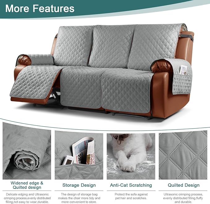 Ruaozz Waterproof Recliner Sofa Cover 1-Piece Couch Covers for Reclining Couches Reclining Sofa Cover Washable Furniture Protector with Elastic Straps Pocket for Kids, Pets (Light Grey, 3 Seater)