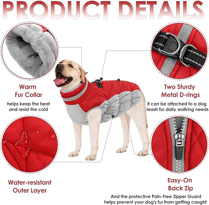 AOFITEE Dog Coat, Warm Dog Winter Coat, Reflective Cold Weather Dogs Puffer Jacket with Harness Built in, Waterproof Pet Fleece Vest Snowsuit for Small Medium Large Dogs, Christmas Red L