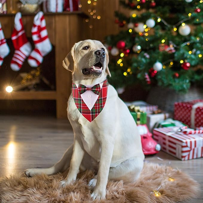 ADOGGYGO Christmas Dog Tuxedo Bandana, Red Green Plaid Pet Xmas Collar with Bow, Adjustable Christmas Costume for Large Dogs (L)