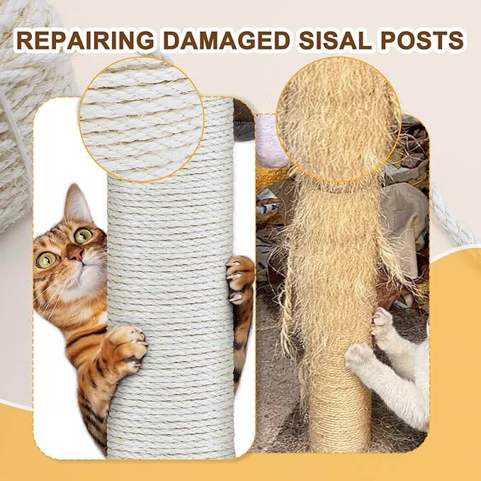 Sisal Rope for Cat Scratcher, Cymuber 6mm Cat Sisal Rope for Replace Scratching Post and Scratcher Repair, DIY Hemp Twine for Tree Tower Carpet Mat Kicker House Pet Toy and Crafts(65-Feet/20M)