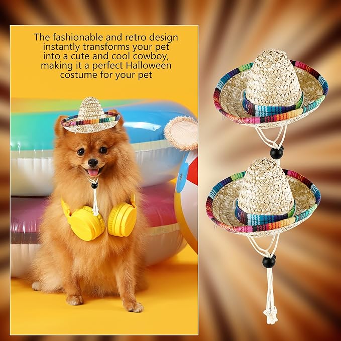8 Pcs Pet Sombrero Hats Mini Sombrero Cap Cinco de Mayo Fiesta Hat Small Mexican Straw Hat for Puppy Dogs Cats Fiesta Party Decorations