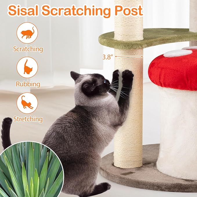 PETSITE Mushroom Cat Tree, Multi-Level Cute Cat Tree Tower with Sisal Scratching Posts, Cat Condo, Soft Plush Perches, and Dangling Toys for Indoor Cats (35 Inch)